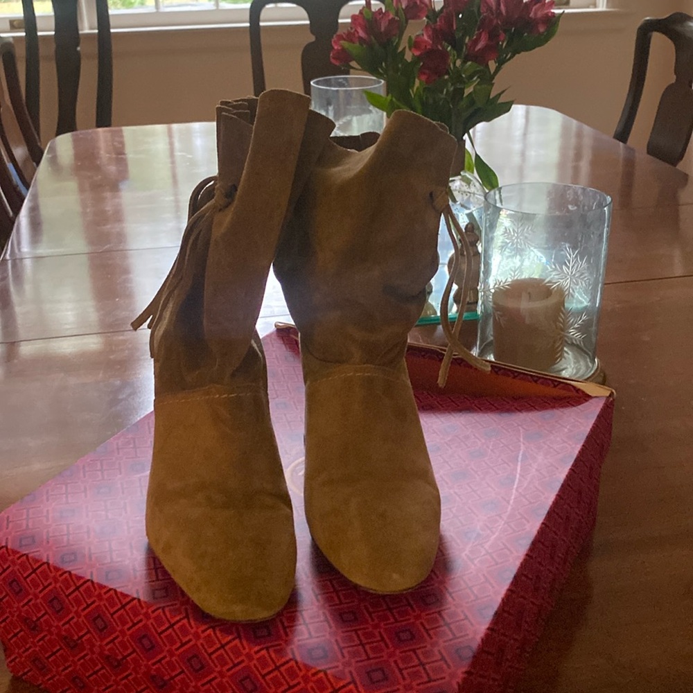 Wonderful suede booties from Tory Burch!  Box and shoe bag included.